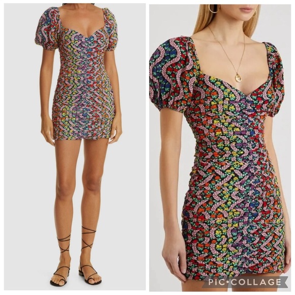 RHODE Esme Love is a Rainbow Ruched Puff Sleeve Floral Mini Dress Sz 6 - Picture 1 of 10